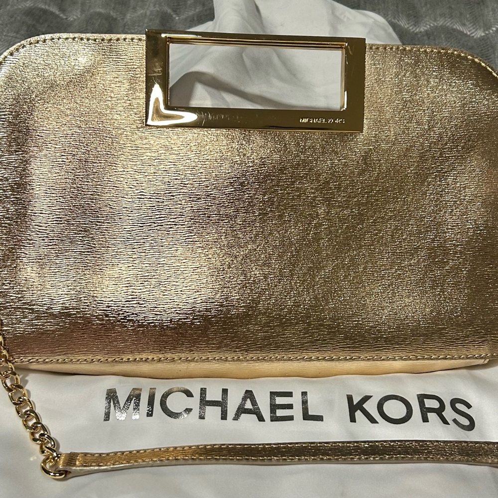 Michael Kors Metallic Gold Clutch Crossbody- Evening Bag with Chain Strap